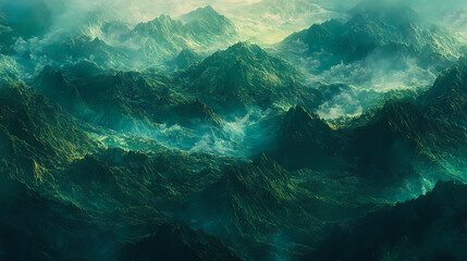 Aerial view of lush vertical landscapes in misty mountains nature photography emerald shades vibrant atmosphere gigapixel detail. Emerald Mist Valleys. Illustration