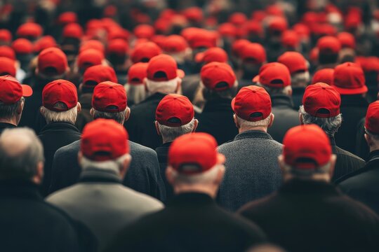 Crowd of people wearing identical red caps	