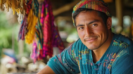 Fototapeta premium Cultural travel, close-up of a local artisan weaving traditional fabrics, vibrant colors