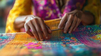 Obraz premium Cultural travel, close-up of a local artisan weaving traditional fabrics, vibrant colors