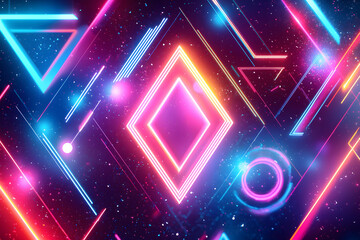 Vibrant geometric shapes and swirling neon patterns converge in a mesmerizing digital landscape.