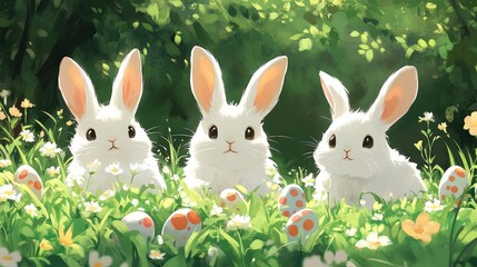 Cute bunnies in a meadow with Easter eggs.  Possible use Children's book cover, greeting card