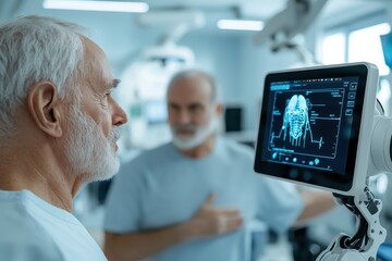 Obraz premium A senior doctor examining X-ray images with the support of a robot, showcasing the integration of technology in the medical field and the collaboration between humans and machines.