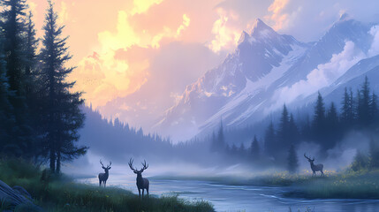 Emerald river serenity, deer gather at dusk in a mountain valley paradise. Emerald Mist Valleys. Illustration