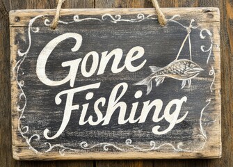 Wooden plank with "GONE FISHING" written on it, on a white background