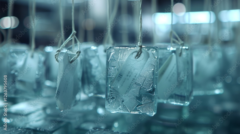 Poster suspended translucent ice blocks with textured patterns and attached tags hang elegantly in a cool, 