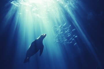 Fototapeta premium Off the coast of Baja California Sur, Mexico, in Magdalena Bay, Californian Sea Lions can be seen hunting and feeding in a bait ball