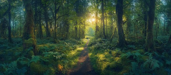 Obraz premium Serene forest path illuminated by sunlight, surrounded by lush greenery and ferns