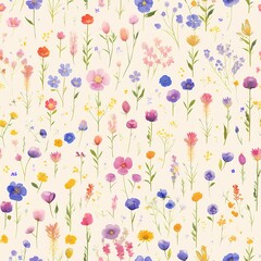 Fototapeta premium Seamless pattern of watercolor painting of colorful wildflowers for a serene garden scene