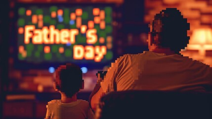 Fototapeta premium Pixel art depicting a father and child sitting together in a cozy room, watching a Father