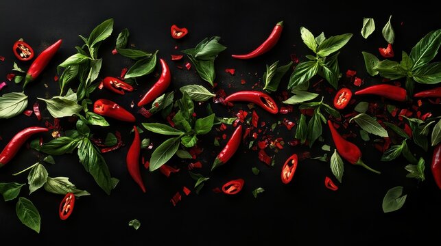 Fresh Basil and Red Chili Peppers on Dark Background