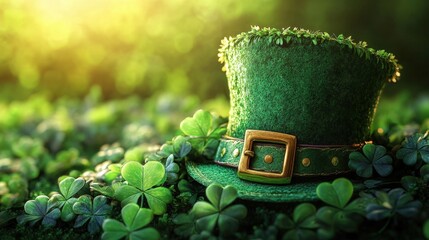 A leprechaun's green hat sitting amidst clover in warm, glowing light symbolizing St. Patrick's Day.