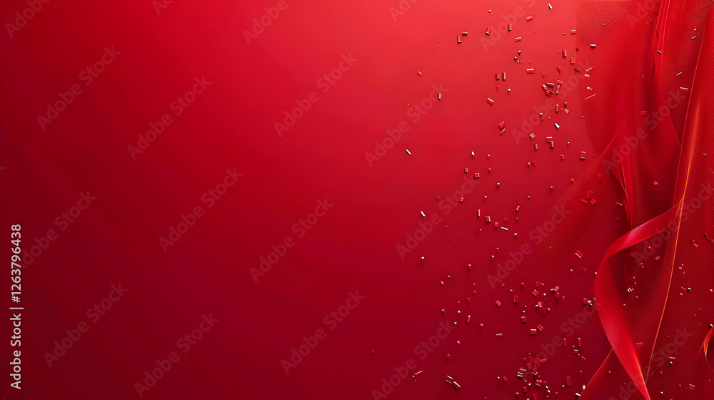 Poster abstract red background with flowing fabric, scattered particles, creating a festive atmosphere