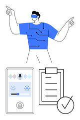 Man uses virtual reality headset, circuit-themed shirt smart home panel displays controls checklist with ticked off item below. Ideal for tech, innovation, IoT, VR, design, efficiency, abstract line