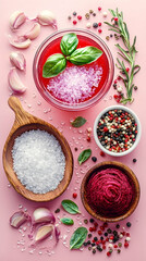 Pink background food photography; overhead shot of various spices, herbs, and beetroot; culinary ingredients; recipe inspiration
