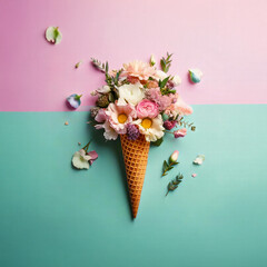 Flower bouquet in ice-cream cone concept