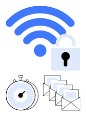 Wireless network icon with a lock symbolizing security, a stopwatch for time management, and envelopes for communication. Ideal for cybersecurity, time efficiency, data transfer, privacy protection