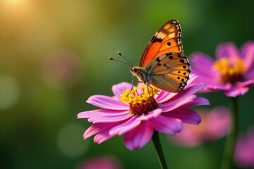 Naklejka premium A butterfly rests on a colorful flower, its wings delicately folded , delicate, flowers, gentle