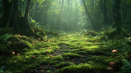 Obraz premium Enchanted Forest Path: A Journey Through Moss and Mushrooms
