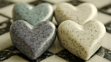 Obraz premium Four speckled heart-shaped stones on a checkered surface; romantic concept; Valentine's Day or love-themed background