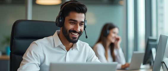 An Indian support representative using a laptop to manage customer service requests and support. businessman or employee manager working on laptop computer with headset or headphone for contact sales