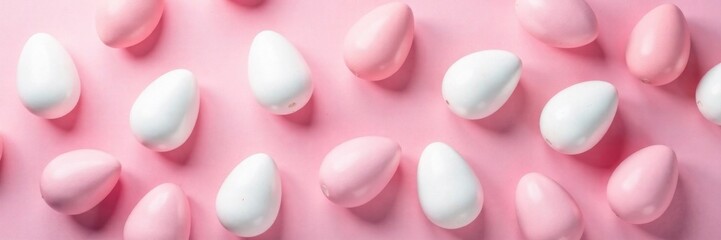 A cluster of white and pink Easter eggs arranged in a random pattern against a soft pink backdrop, color block, patterned eggs, colorful eggs