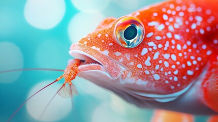 The close-up shows a spotted brown and blue grouper fish with its mouth open, set to swallow a shrimp