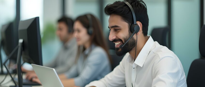 An Indian support representative using a laptop to manage customer service requests and support. businessman or employee manager working on laptop computer and headset or headphone for contact sales