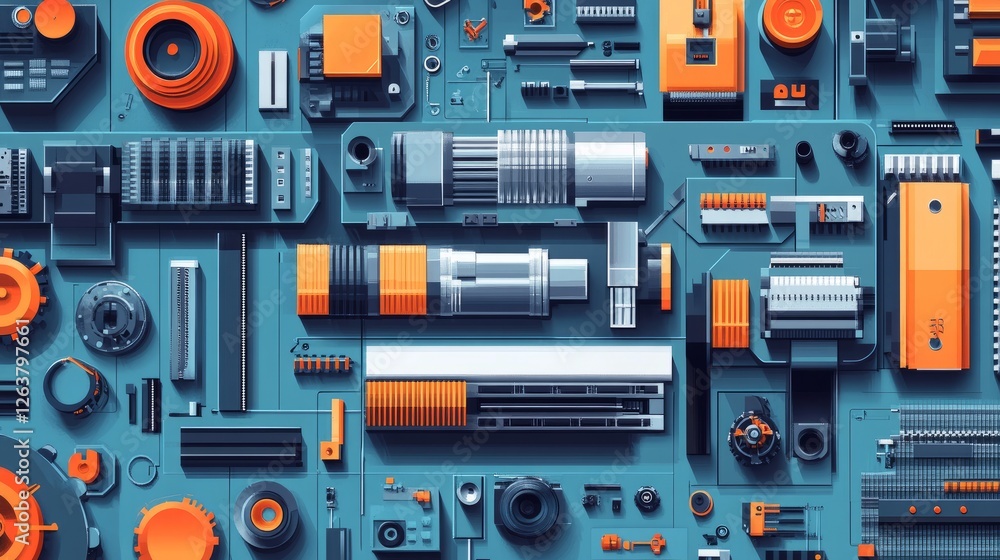 Poster abstract digital art of various teal and orange mechanical parts arranged in a grid pattern.