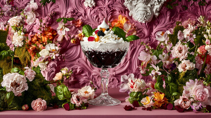 Elegant dessert with whipped cream and berries, floral background, studio shot, food photography for recipe websites or magazines