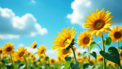 Obraz premium sunflowers stretching towards the sky with petals facing upwards, sky, landscape, flowers