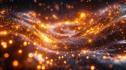 Fototapeta premium Golden particles flowing, abstract background, cosmic energy, digital art, website design