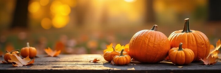 Sunlit pumpkins, gourds, and autumn leaves on rustic wood , wooden table, leaves, rustic
