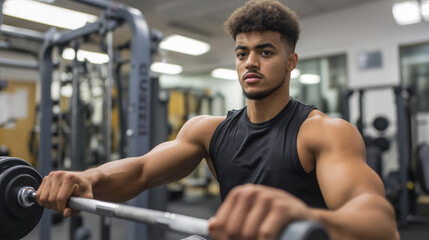 young man working out in a gym. He is sitting on a bench press machine and is using the handles of the machine with both hands. He has a muscular build 