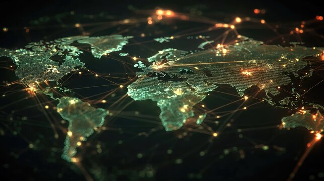 Global Network: A Digital World Map Interconnected by Data Streams