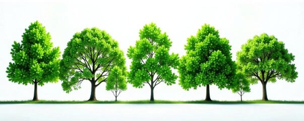 A forest of trees with green leaves in various shapes and sizes on a pristine white surface , nature, forest, green