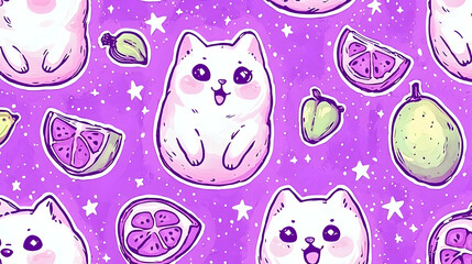 Adorable chubby cats and citrus fruits pattern on purple space background; perfect for kids' apparel, home decor, or packaging