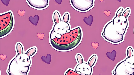 Cute white rabbits enjoying watermelon slices on a purple background with hearts; perfect for textile prints or children's products