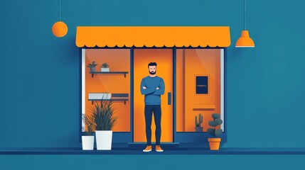 Man standing confidently in front of his small business, showcasing a vibrant and inviting storefront.