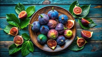 Obraz premium Aerial View Fresh Figs Blue Plate Wooden Background Summer Fruit Photography