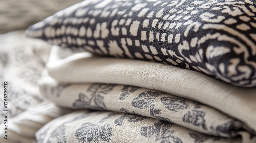 Fototapete close up view of patterned fabrics showcasing intricate floral and geometric designs with blank spac