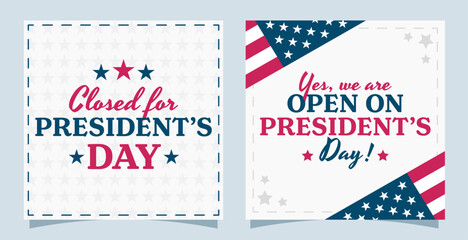 Square templates for President's Day featureing patriotic themes with red, white, and blue colors, stars, and open closed message.