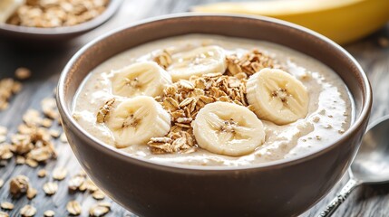 Delicious bowl of oatmeal topped with sliced bananas and granola on a wooden table