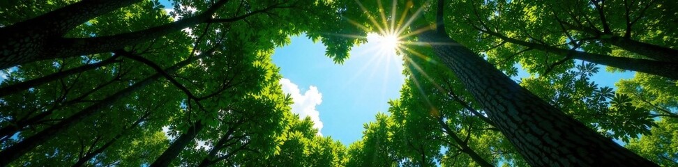 Obraz premium A heart-shaped hole in a forest canopy with blue sky peeking through , forest canopy, outdoor landscape, heart shaped hole