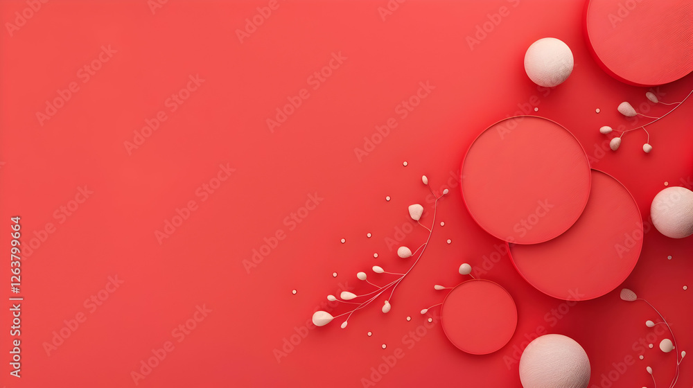 Poster abstract composition of red circles and white elements on a vibrant red background, ideal for design