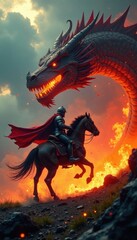 A knight on horseback riding towards a dragon breathing flames , knights, landscape