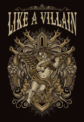 illustration of a cupid angel with wings holding a rifle, blending classical art with modern rebellious themes with engraving ornament frame.