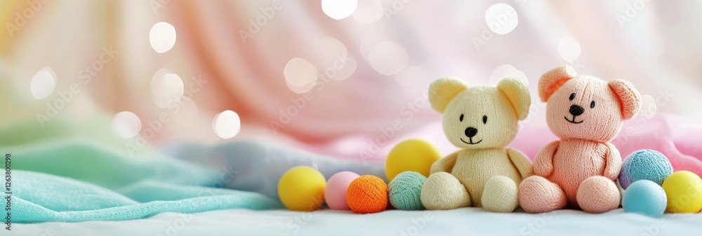Poster cute teddy bears surrounded by colorful yarn balls on a soft pastel background with bokeh lights. ge