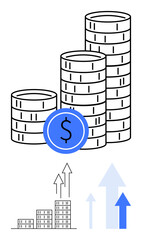 Stacked coins and dollar symbol with upward arrows, signifying growth, success, and economic goals. Ideal for investment, savings, business, economics, wealth profit finance abstract line flat
