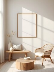 minimalist japandi interior with empty frame mockup, neutral wooden decor, soft warm beige walls, cozy linen textiles, organic wabi-sabi charm, soft lighting